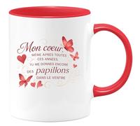 quotedazur - Mug Mon coeur, même après toutes ces années, tu me donnes encore des papillons dans le ventre - Tasse Cadeau Amour, Saint-Valentin, Couple Femme - Rouge/Céramique