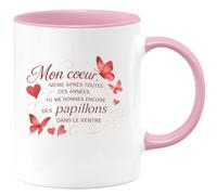 quotedazur - Mug Mon coeur, même après toutes ces années, tu me donnes encore des papillons dans le ventre - Tasse Cadeau Amour, Saint-Valentin, Couple Femme - Rose/Céramique