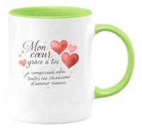 quotedazur - Mug Mon cœur, grâce à toi je comprends enfin toutes ces chansons d'amour niaises - Tasse Cadeau Amour, Saint-Valentin, Couple Homme - Vert/Céramique
