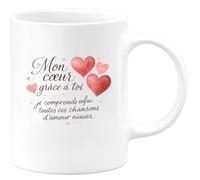 quotedazur - Mug Mon cœur, grâce à toi je comprends enfin toutes ces chansons d'amour niaises - Tasse Cadeau Amour, Saint-Valentin, Couple Homme - Blanc/Céramique