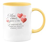 quotedazur - Mug Mon cœur, grâce à toi je comprends enfin toutes ces chansons d'amour niaises - Tasse Cadeau Amour, Saint-Valentin, Couple Homme - Jaune/Céramique