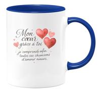 quotedazur - Mug Mon cœur, grâce à toi je comprends enfin toutes ces chansons d'amour niaises - Tasse Cadeau Amour, Saint-Valentin, Couple Homme - Bleu/Céramique