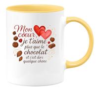 quotedazur - Mug Mon cœur, je t'aime plus que le chocolat et c'est dire quelque chose - Tasse Cadeau Amour, Saint-Valentin, Couple Homme - Jaune/Céramique
