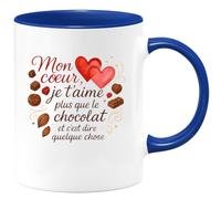 quotedazur - Mug Mon cœur, je t'aime plus que le chocolat et c'est dire quelque chose - Tasse Cadeau Amour, Saint-Valentin, Couple Homme - Bleu/Céramique
