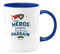 quotedazur - Mug Mon héros préféré devient mon parrain - Tasse Cadeau Baptême Demande Futur Parrain Homme - Bleu/Céramique