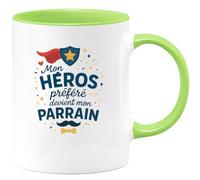 quotedazur - Mug Mon héros préféré devient mon parrain - Tasse Cadeau Baptême Demande Futur Parrain Homme - Vert/Céramique