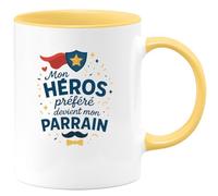 quotedazur - Mug Mon héros préféré devient mon parrain - Tasse Cadeau Baptême Demande Futur Parrain Homme - Jaune/Céramique
