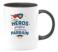 quotedazur - Mug Mon héros préféré devient mon parrain - Tasse Cadeau Baptême Demande Futur Parrain Homme - Noir/Céramique