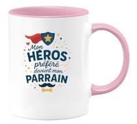 quotedazur - Mug Mon héros préféré devient mon parrain - Tasse Cadeau Baptême Demande Futur Parrain Homme - Rose/Céramique