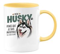 quotedazur - Mug Mon husky pense que je suis incroyable (il a du flair) - Tasse Cadeau Husky Femme - Jaune/Céramique