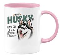 quotedazur - Mug Mon husky pense que je suis incroyable (il a du flair) - Tasse Cadeau Husky Femme - Rose/Céramique