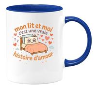 quotedazur - Mug mon lit et moi c'est une vraie histoire d'amour - Tasse Cadeau Humour Femme - Bleu/Céramique