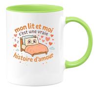 quotedazur - Mug mon lit et moi c'est une vraie histoire d'amour - Tasse Cadeau Humour Femme - Vert/Céramique