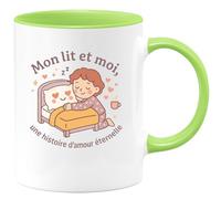 quotedazur - Mug Mon lit et moi, une histoire d'amour éternelle - Tasse Cadeau Humour Femme - Vert/Céramique