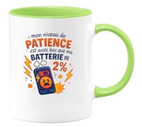 quotedazur - Mug mon niveau de patience est aussi bas que ma batterie de téléphone : 2% - Tasse Cadeau Humour Femme - Vert/Céramique