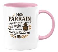 quotedazur - Mug Mon parrain c'est comme le café, il a un grain mais je l'adore - Tasse Cadeau Parrain Homme - Rose/Céramique