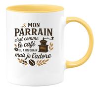 quotedazur - Mug Mon parrain c'est comme le café, il a un grain mais je l'adore - Tasse Cadeau Parrain Homme - Jaune/Céramique