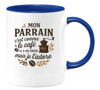 quotedazur - Mug Mon parrain c'est comme le café, il a un grain mais je l'adore - Tasse Cadeau Parrain Homme - Bleu/Céramique