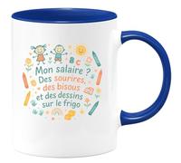 quotedazur - Mug Mon salaire ? Des sourires, des bisous et des dessins sur le frigo - Tasse Cadeau Nounou Femme - Bleu/Céramique