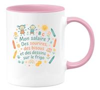 quotedazur - Mug Mon salaire ? Des sourires, des bisous et des dessins sur le frigo - Tasse Cadeau Nounou Femme - Rose/Céramique