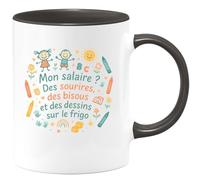 quotedazur - Mug Mon salaire ? Des sourires, des bisous et des dessins sur le frigo - Tasse Cadeau Nounou Femme - Noir/Céramique