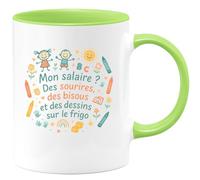 quotedazur - Mug Mon salaire ? Des sourires, des bisous et des dessins sur le frigo - Tasse Cadeau Nounou Femme - Vert/Céramique