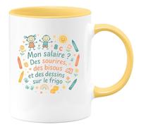 quotedazur - Mug Mon salaire ? Des sourires, des bisous et des dessins sur le frigo - Tasse Cadeau Nounou Femme - Jaune/Céramique