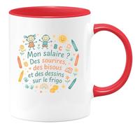 quotedazur - Mug Mon salaire ? Des sourires, des bisous et des dessins sur le frigo - Tasse Cadeau Nounou Femme - Rouge/Céramique