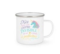 quotedazur - Mug Née avec une corne invisible et un cœur en paillettes - Tasse Cadeau Licorne Femme - Blanc/Emaillé