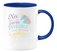 quotedazur - Mug Née avec une corne invisible et un cœur en paillettes - Tasse Cadeau Licorne Femme - Bleu/Céramique