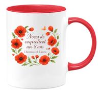 quotedazur - Mug Noces de coquelicot, nos 8 ans - Tasse Cadeau Anniversaire mariage Personnalisé - Rouge/Céramique