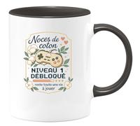 quotedazur - Mug Noces de coton : niveau 1 débloqué, reste toute une vie à jouer - Tasse Cadeau Noces de coton Femme - Noir/Céramique