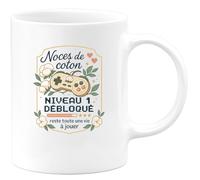 quotedazur - Mug Noces de coton : niveau 1 débloqué, reste toute une vie à jouer - Tasse Cadeau Noces de coton Femme - Blanc/Céramique