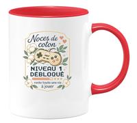 quotedazur - Mug Noces de coton : niveau 1 débloqué, reste toute une vie à jouer - Tasse Cadeau Noces de coton Femme - Rouge/Céramique