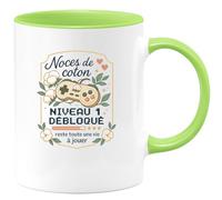 quotedazur - Mug Noces de coton : niveau 1 débloqué, reste toute une vie à jouer - Tasse Cadeau Noces de coton Femme - Vert/Céramique