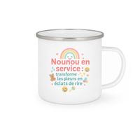 quotedazur - Mug Nounou en service : transforme les pleurs en éclats de rire - Tasse Cadeau Nounou Femme - Blanc/Emaillé