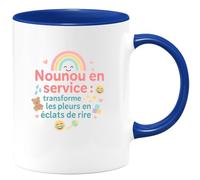 quotedazur - Mug Nounou en service : transforme les pleurs en éclats de rire - Tasse Cadeau Nounou Femme - Bleu/Céramique