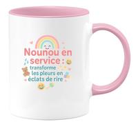 quotedazur - Mug Nounou en service : transforme les pleurs en éclats de rire - Tasse Cadeau Nounou Femme - Rose/Céramique