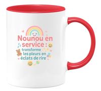 quotedazur - Mug Nounou en service : transforme les pleurs en éclats de rire - Tasse Cadeau Nounou Femme - Rouge/Céramique