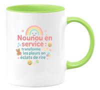 quotedazur - Mug Nounou en service : transforme les pleurs en éclats de rire - Tasse Cadeau Nounou Femme - Vert/Céramique