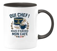quotedazur - Mug Oui chef ! Mais d'abord mon café - Tasse Cadeau Gendarme Homme - Noir/Céramique