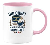 quotedazur - Mug Oui chef ! Mais d'abord mon café - Tasse Cadeau Gendarme Homme - Rose/Céramique