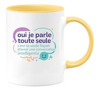 quotedazur - Mug oui je parle toute seule, c'est la seule façon d'avoir une conversation intelligente - Tasse Cadeau Humour Femme - Jaune/Céramique