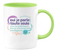 quotedazur - Mug oui je parle toute seule, c'est la seule façon d'avoir une conversation intelligente - Tasse Cadeau Humour Femme - Vert/Céramique