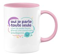 quotedazur - Mug oui je parle toute seule, c'est la seule façon d'avoir une conversation intelligente - Tasse Cadeau Humour Femme - Rose/Céramique