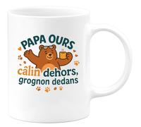 quotedazur - Mug papa ours : câlin dehors, grognon dedans - Tasse Cadeau Humour Homme - Blanc/Céramique