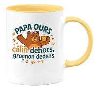 quotedazur - Mug papa ours : câlin dehors, grognon dedans - Tasse Cadeau Humour Homme - Jaune/Céramique