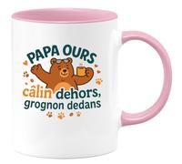 quotedazur - Mug papa ours : câlin dehors, grognon dedans - Tasse Cadeau Humour Homme - Rose/Céramique