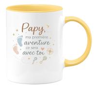 quotedazur - Mug Papy, ma première aventure ce sera avec toi - Tasse Cadeau Annonce Grossesse Naissance Papy Homme - Jaune/Céramique
