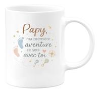 quotedazur - Mug Papy, ma première aventure ce sera avec toi - Tasse Cadeau Annonce Grossesse Naissance Papy Homme - Blanc/Céramique